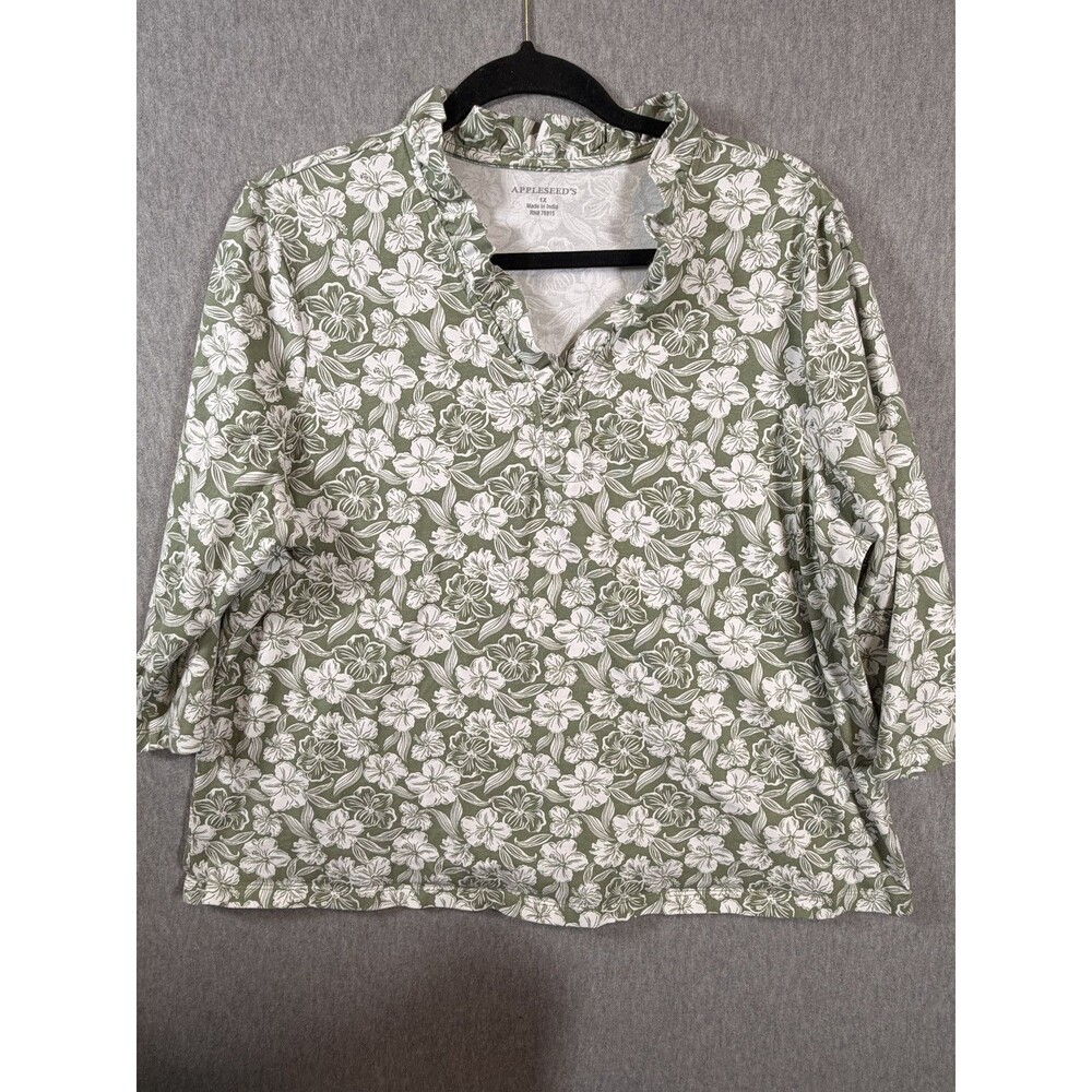 Appleseed's Women's 1X Green White Floral Ruffle Collar 3/4 Sleeve Pullover Top
